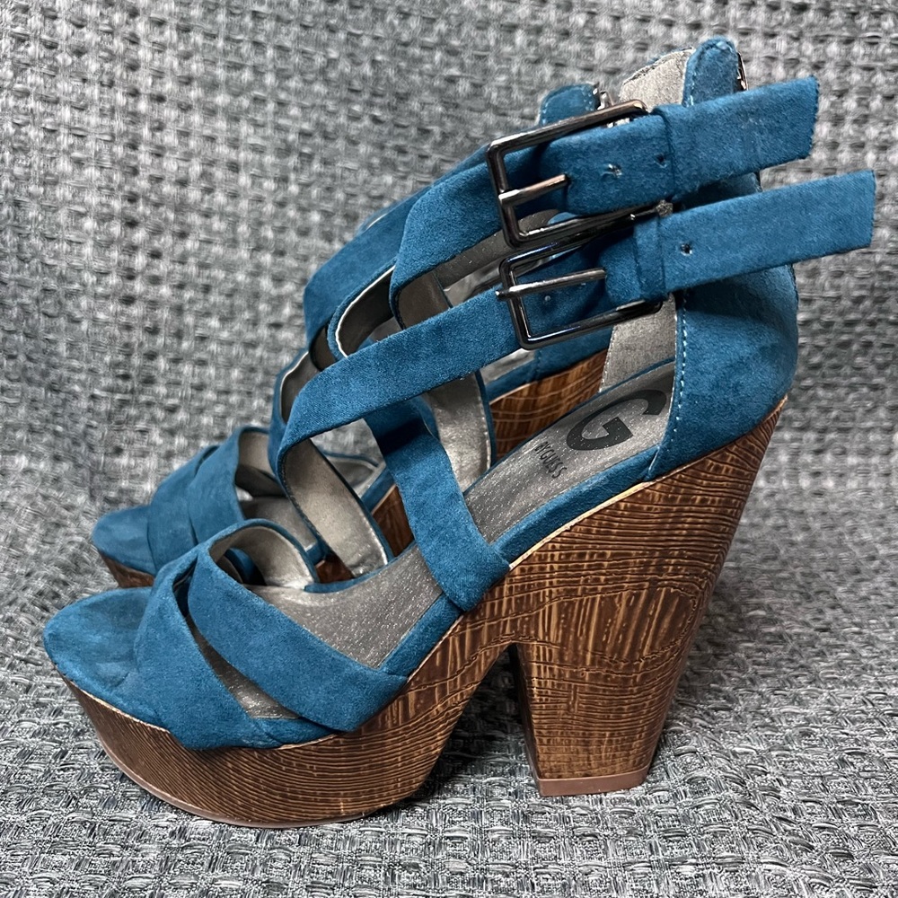 G By Guess Strappy Platform Heels - Teal - Size 5.5 ***NEVER WORN***